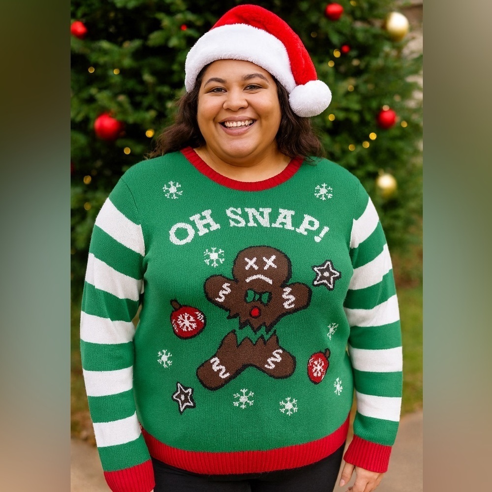 Oh Snap! Gingerbread Green and Red Holiday Sweater- Size XL New With Tags